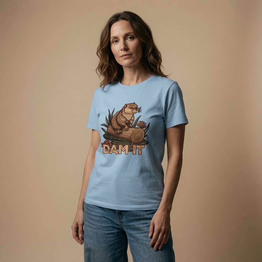 Woman in light blue Dam It t-shirt with cheeky beaver on a log graphic