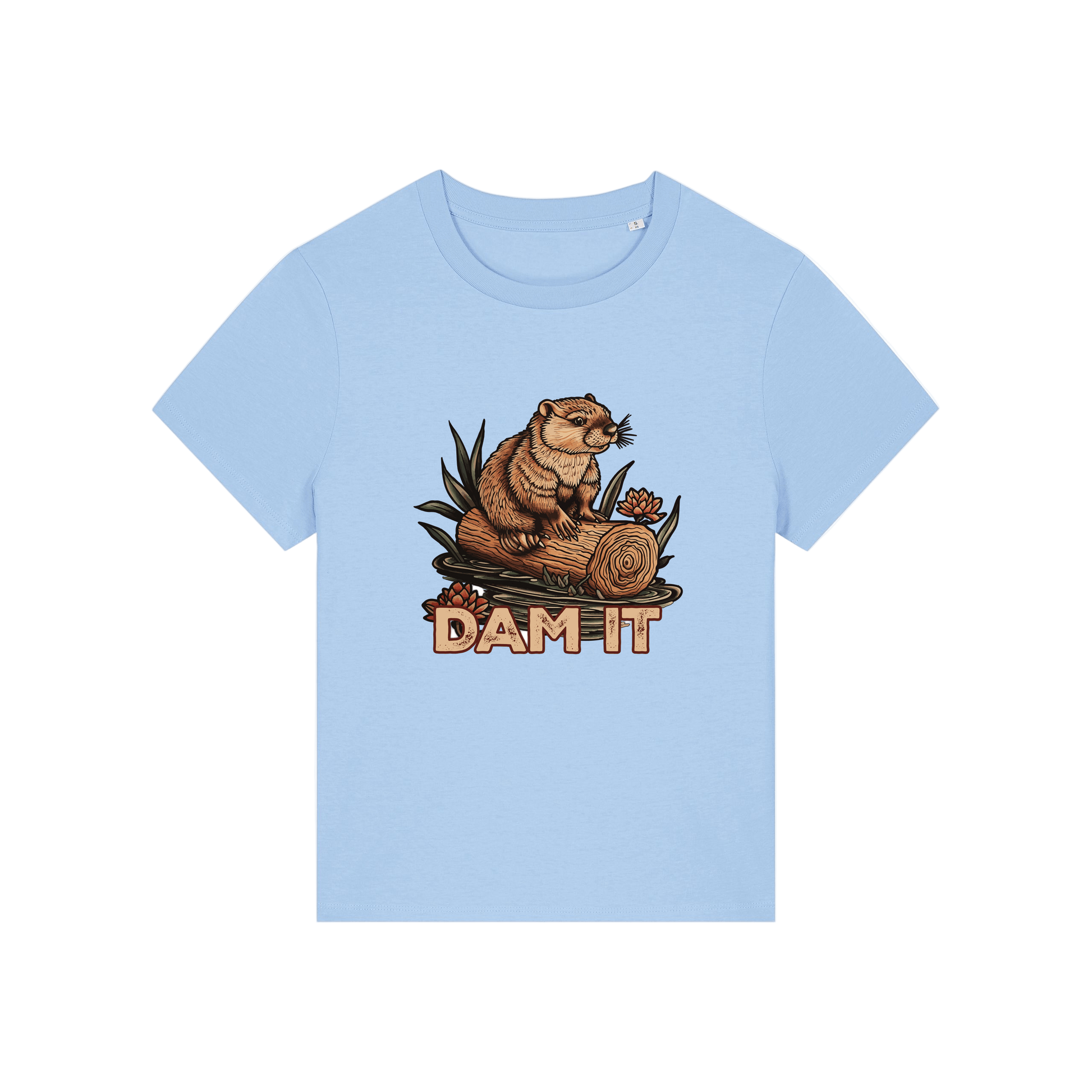 light blue funny animal t-shirt with the graphic of a beaver sat on a log and the slogan 'dam it'