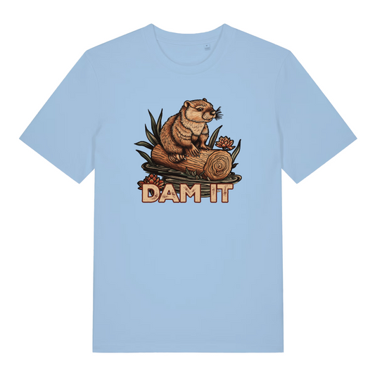 light blue women's funny animal t-shirt with the graphic of a beaver stood on a log and the text 'dam it'