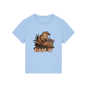 light blue funny animal t-shirt with the graphic of a beaver sat on a log and the slogan 'dam it'