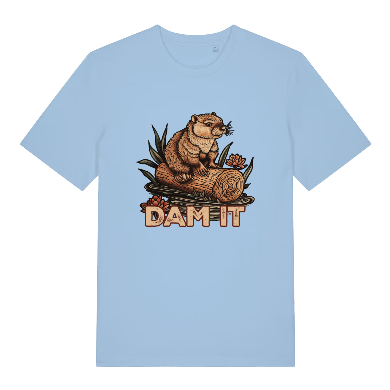 Light Blue women's Dam It T-shirt flat lay with vibrant beaver "DAM IT" animal graphic