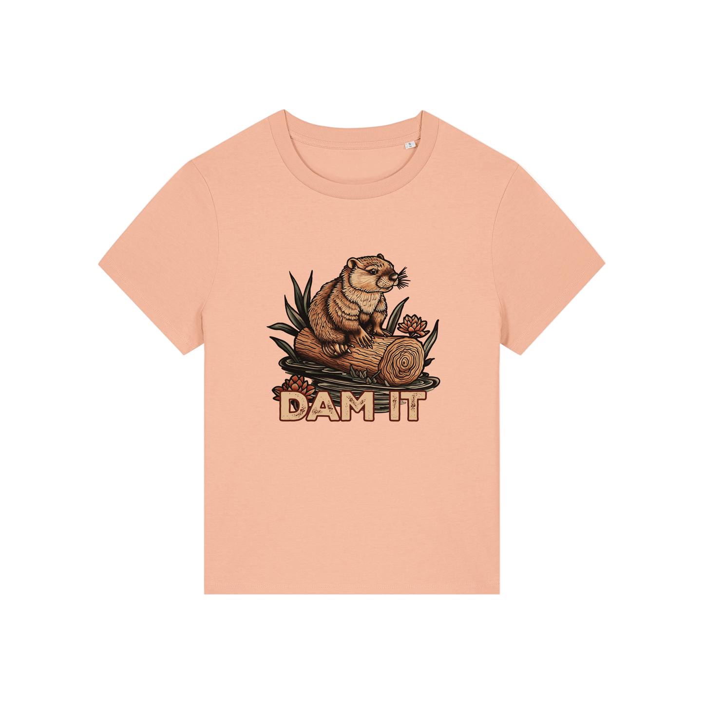 peach funny animal t-shirt with the graphic of a beaver sat on a log and the slogan 'dam it'