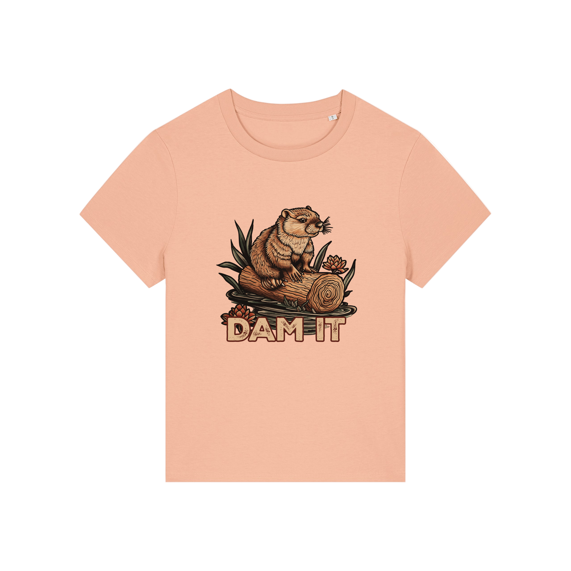 peach funny animal t-shirt with the graphic of a beaver sat on a log and the slogan 'dam it'