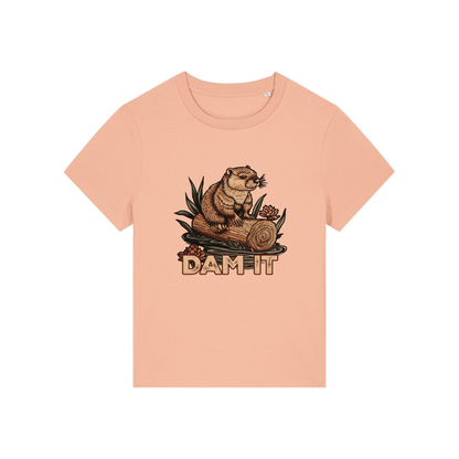 peach funny animal t-shirt with the graphic of a beaver sat on a log and the slogan 'dam it'