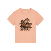 peach funny animal t-shirt with the graphic of a beaver sat on a log and the slogan 'dam it'