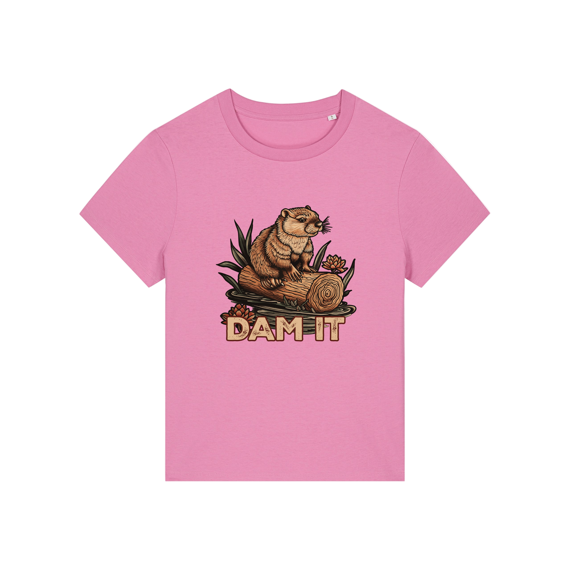pink funny animal t-shirt with the graphic of a beaver sat on a log and the slogan 'dam it'