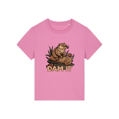 pink funny animal t-shirt with the graphic of a beaver sat on a log and the slogan 'dam it'