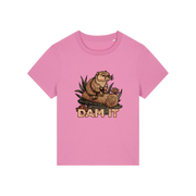 pink funny animal t-shirt with the graphic of a beaver sat on a log and the slogan 'dam it'