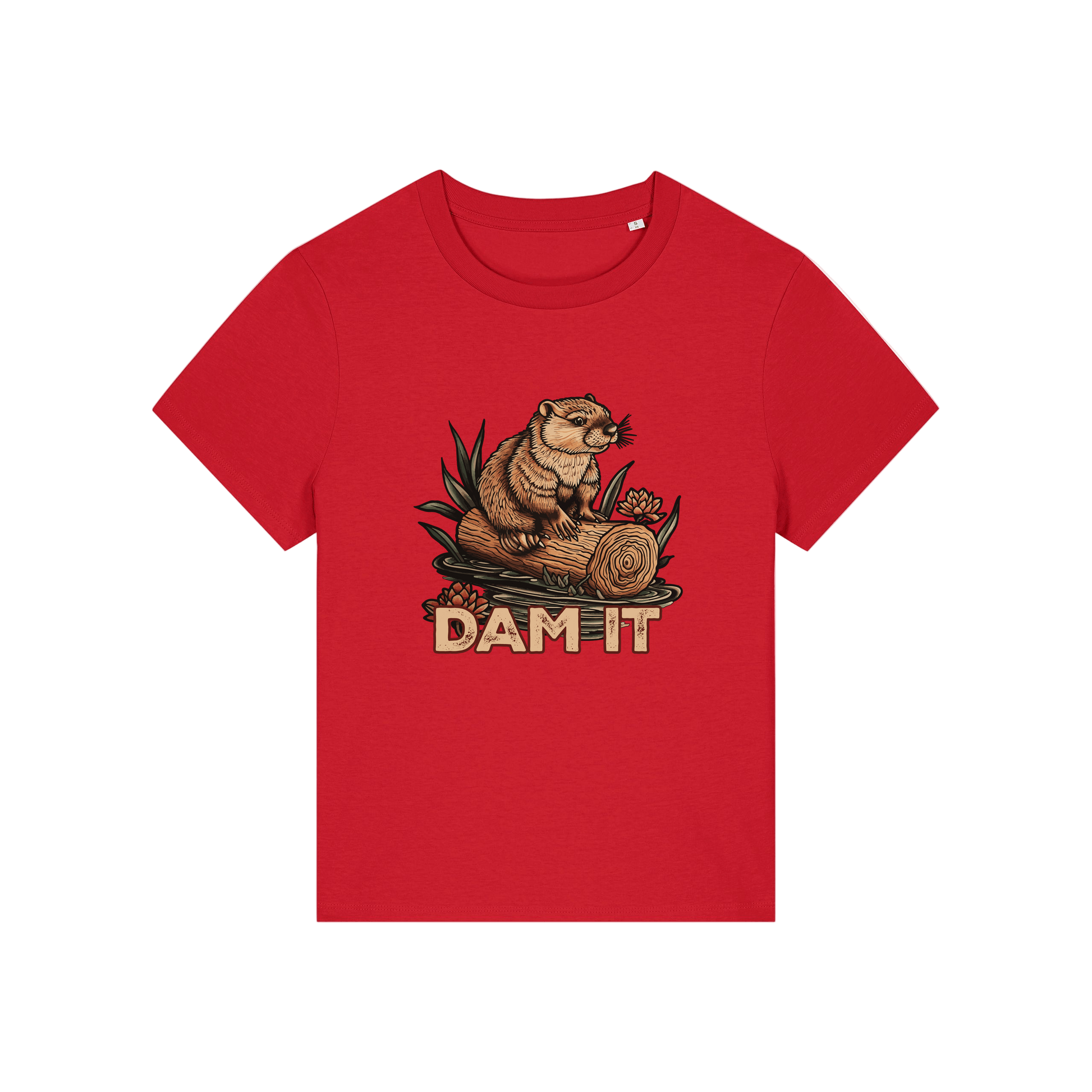red funny animal t-shirt with the graphic of a beaver sat on a log and the slogan 'dam it'