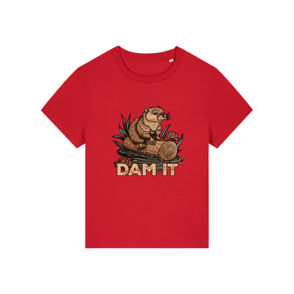 red funny animal t-shirt with the graphic of a beaver sat on a log and the slogan 'dam it'