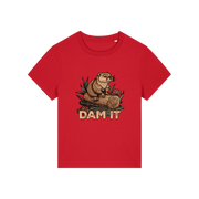red funny animal t-shirt with the graphic of a beaver sat on a log and the slogan 'dam it'