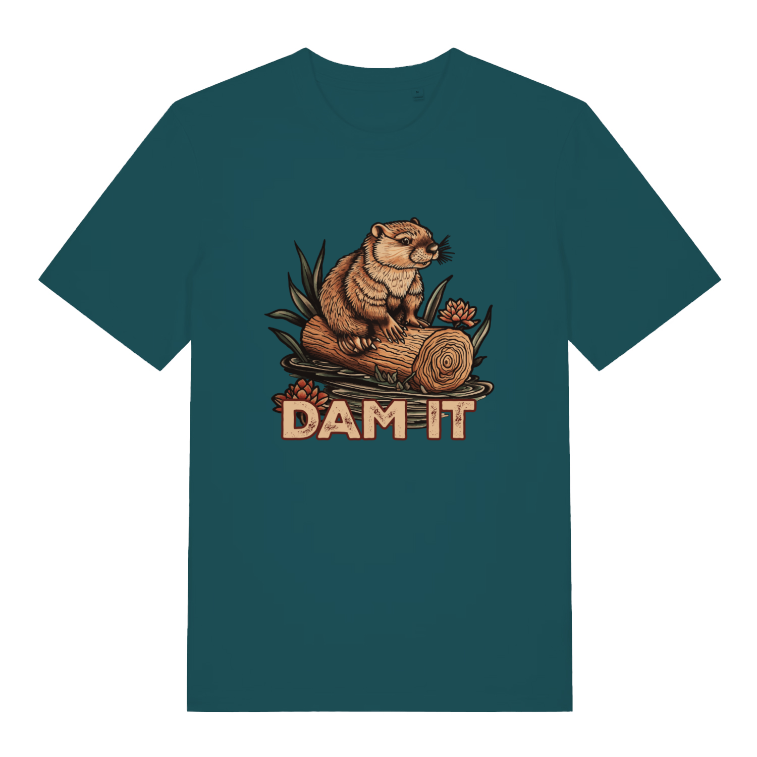 Stargazer women's Dam It T-shirt flat lay displaying cheeky beaver dam pun design