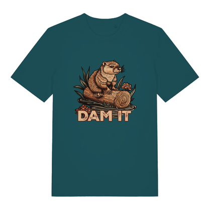 Stargazer women's Dam It T-shirt flat lay displaying cheeky beaver dam pun design