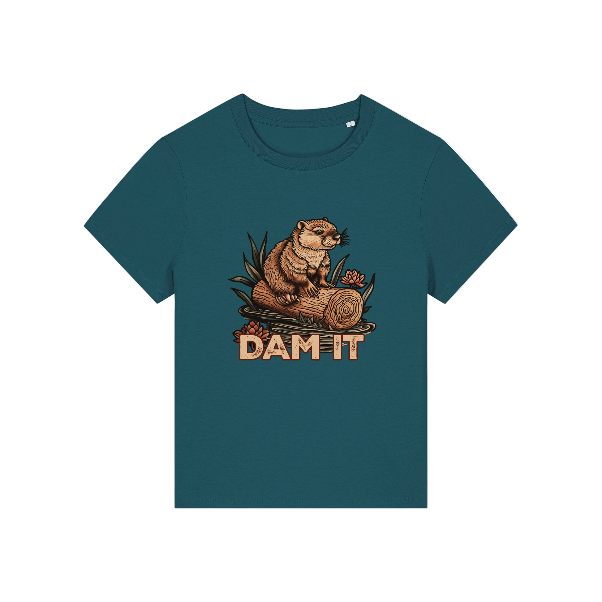 teal funny animal t-shirt with the graphic of a beaver sat on a log and the slogan 'dam it'