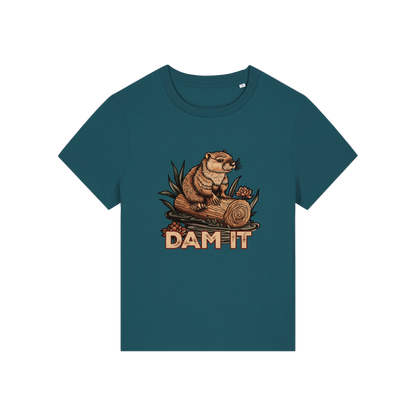 teal funny animal t-shirt with the graphic of a beaver sat on a log and the slogan 'dam it'