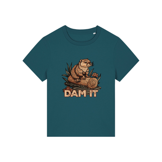 teal funny animal t-shirt with the graphic of a beaver sat on a log and the slogan 'dam it'