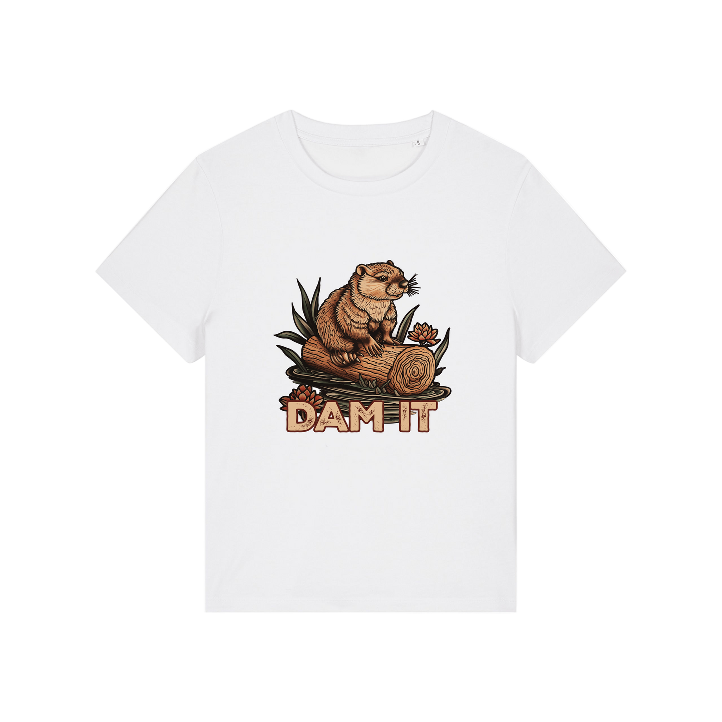 white funny animal t-shirt with the graphic of a beaver sat on a log and the slogan 'dam it'