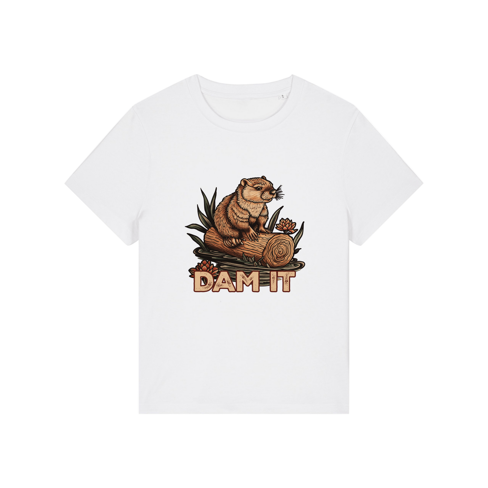 white funny animal t-shirt with the graphic of a beaver sat on a log and the slogan 'dam it'