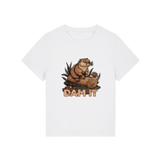white funny animal t-shirt with the graphic of a beaver sat on a log and the slogan 'dam it'