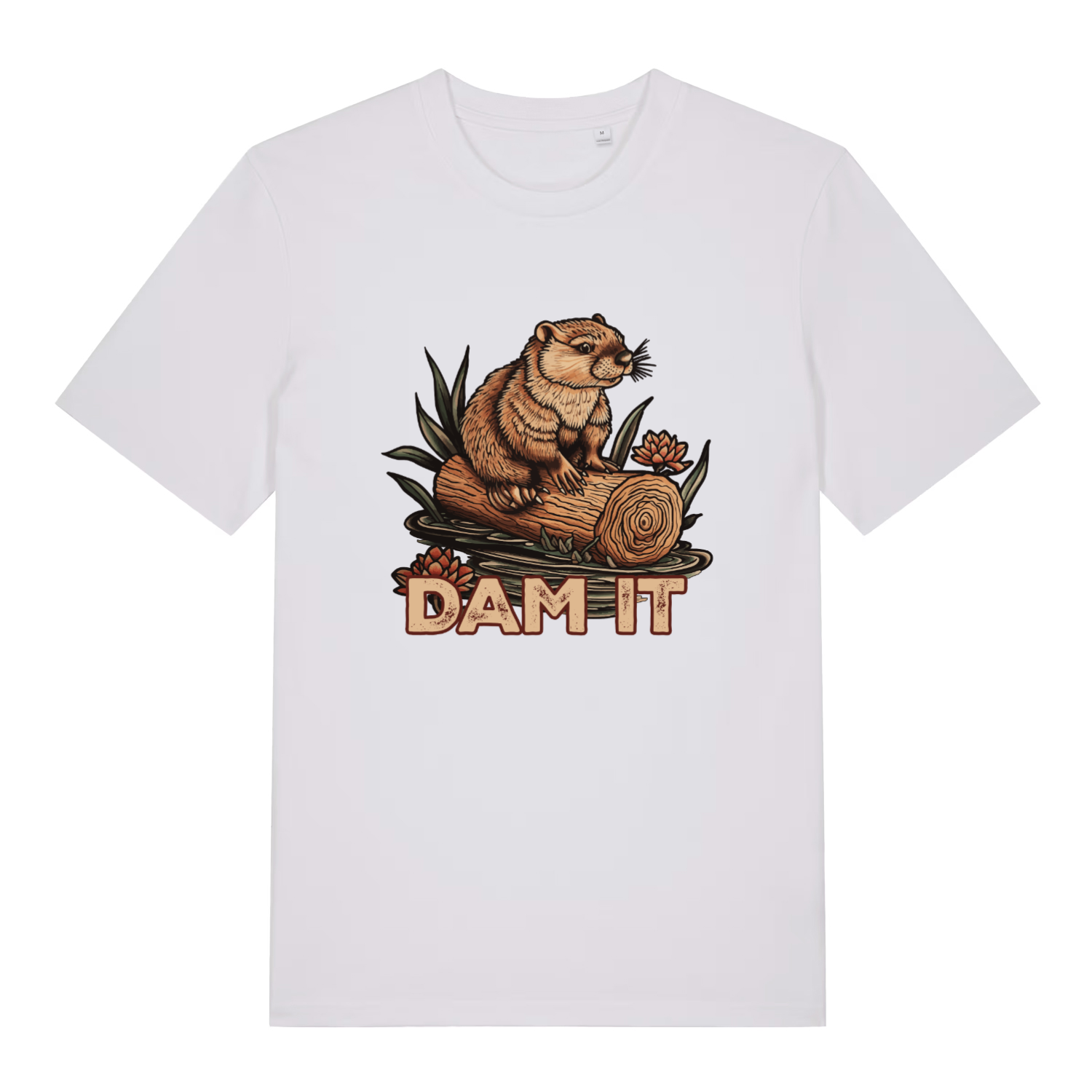White women's Dam It T-shirt flat lay with clean cute beaver on log "DAM IT" graphic
