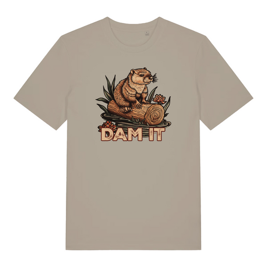 stone funny animal t-shirt with the graphic of a beaver on top of a log and the slogan 'dam it'