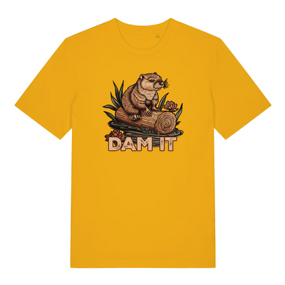 yellow funny animal t-shirt with the graphic of a beaver on top of a log and the slogan 'dam it'