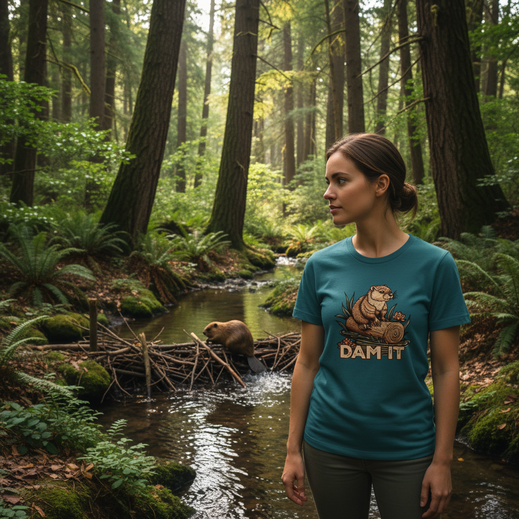 woman wearing a teal coloured t-shirt with the graphic of a beaver, stood in a forest watching a beaver build a dam