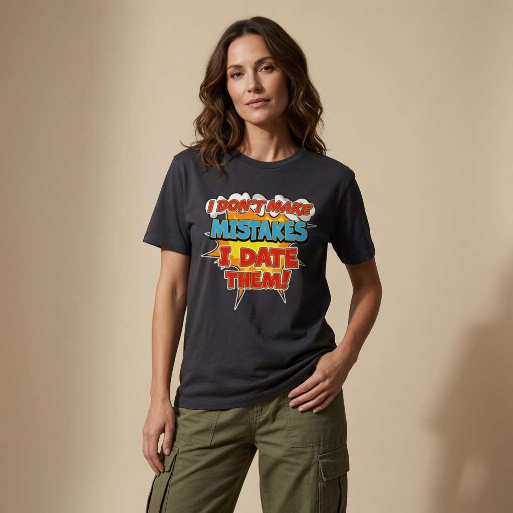 Woman in black I Don’t Make Mistakes I Date Them tee, ladies funny relatable slogan