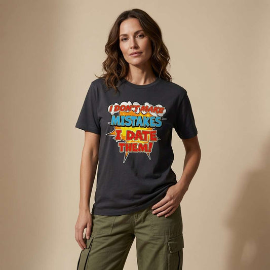 Woman in black I Don’t Make Mistakes I Date Them tee, ladies funny relatable slogan