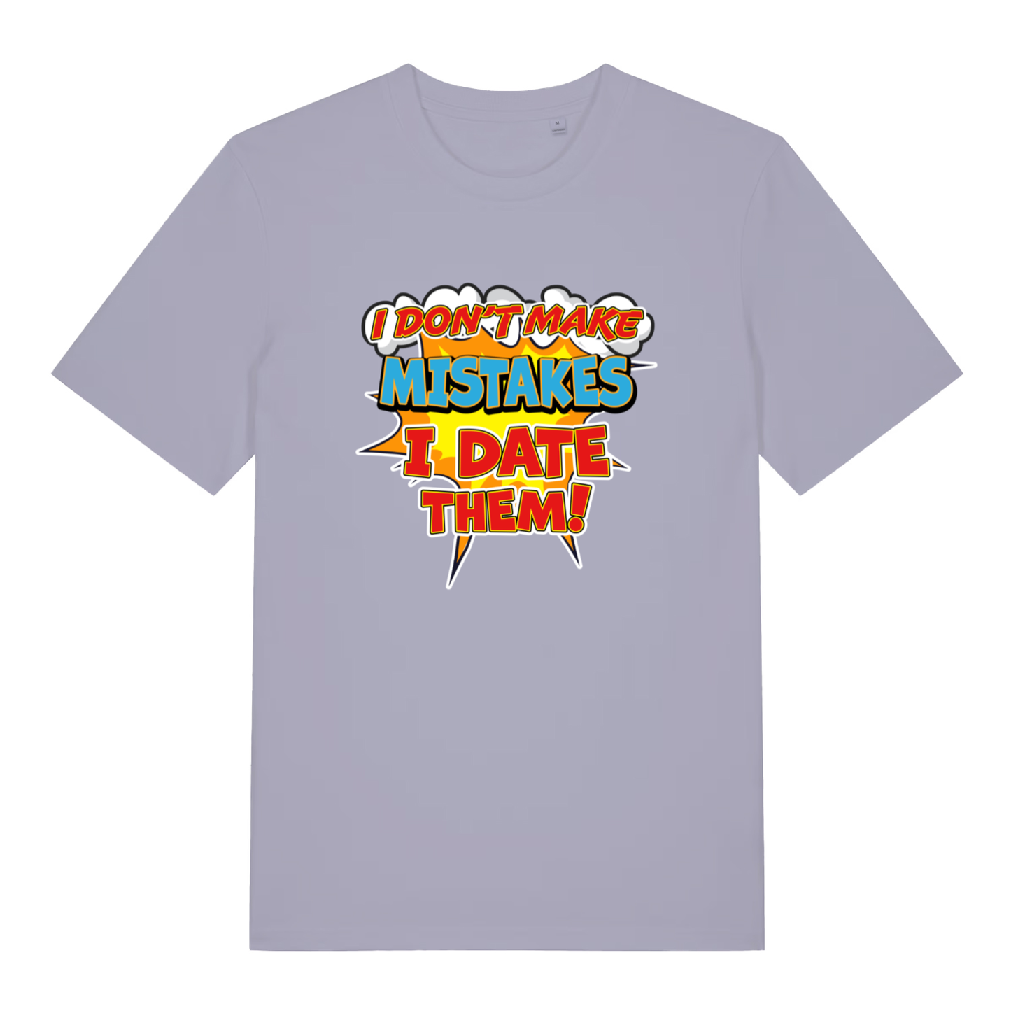 Lavender women's Date Mistakes T-shirt flat lay showing bold comic book style slogan