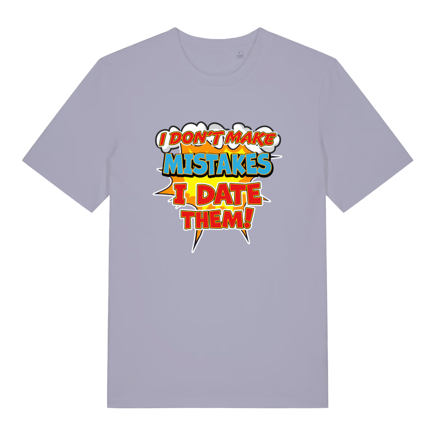 Lavender women's Date Mistakes T-shirt flat lay showing bold comic book style slogan