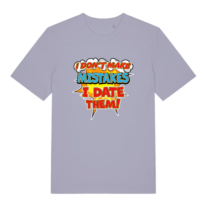 Lavender women's Date Mistakes T-shirt flat lay showing bold comic book style slogan