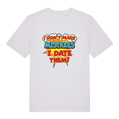 White women's Date Mistakes T-shirt flat lay featuring clean bold dating slogan explosion