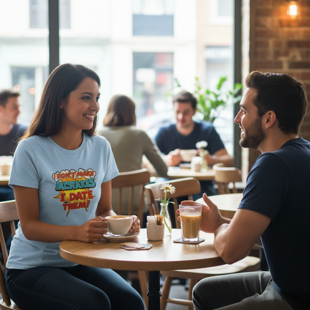 A smiling woman in a café chats with a man, wearing a shirt saying, “I don’t make mistakes, I date them!” The setting is warm, with people and plants in the background.