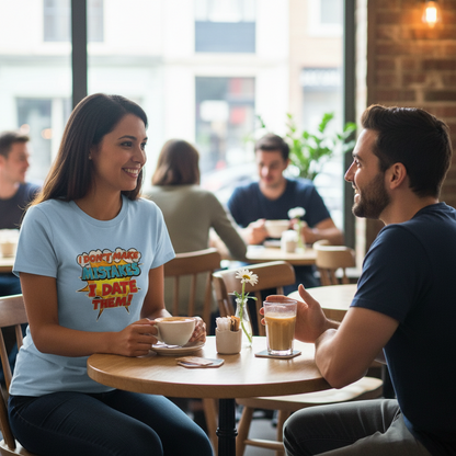 A smiling woman in a café chats with a man, wearing a shirt saying, “I don’t make mistakes, I date them!” The setting is warm, with people and plants in the background.