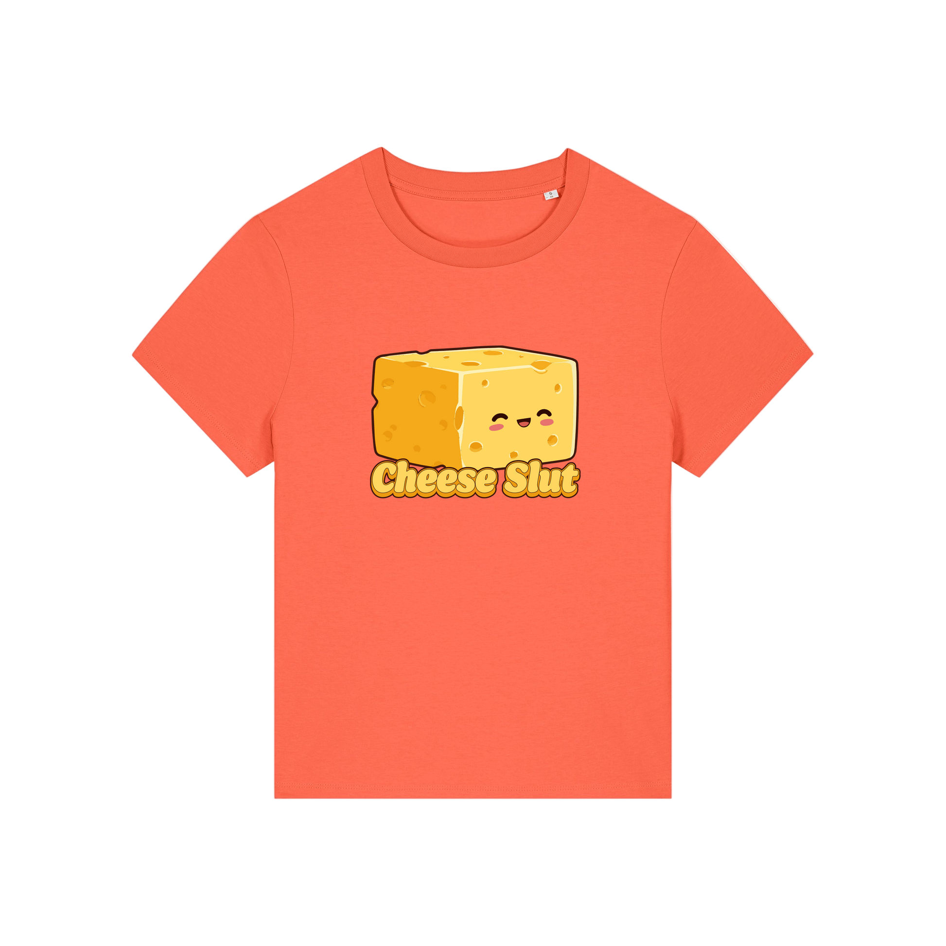 orange funny offensive t-shirt with the graphic of a cartoon cheese and the slogan 'cheese slut'
