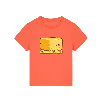 orange funny offensive t-shirt with the graphic of a cartoon cheese and the slogan 'cheese slut'