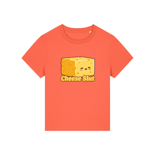 orange funny offensive t-shirt with the graphic of a cartoon cheese and the slogan 'cheese slut'