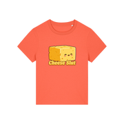 orange funny offensive t-shirt with the graphic of a cartoon cheese and the slogan 'cheese slut'