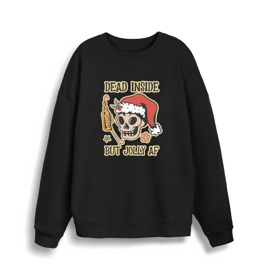 black xmas sweater with the graphic of a skull with a bottle of beer and the slogan 'dead inside but jolly af'