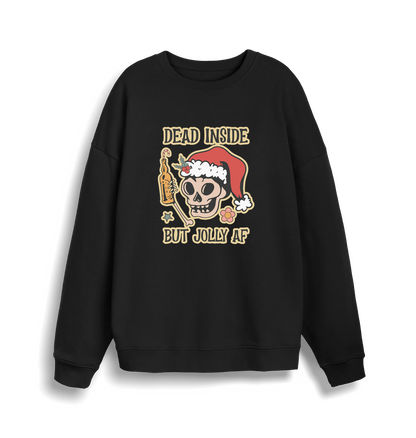 black xmas sweater with the graphic of a skull with a bottle of beer and the slogan 'dead inside but jolly af'