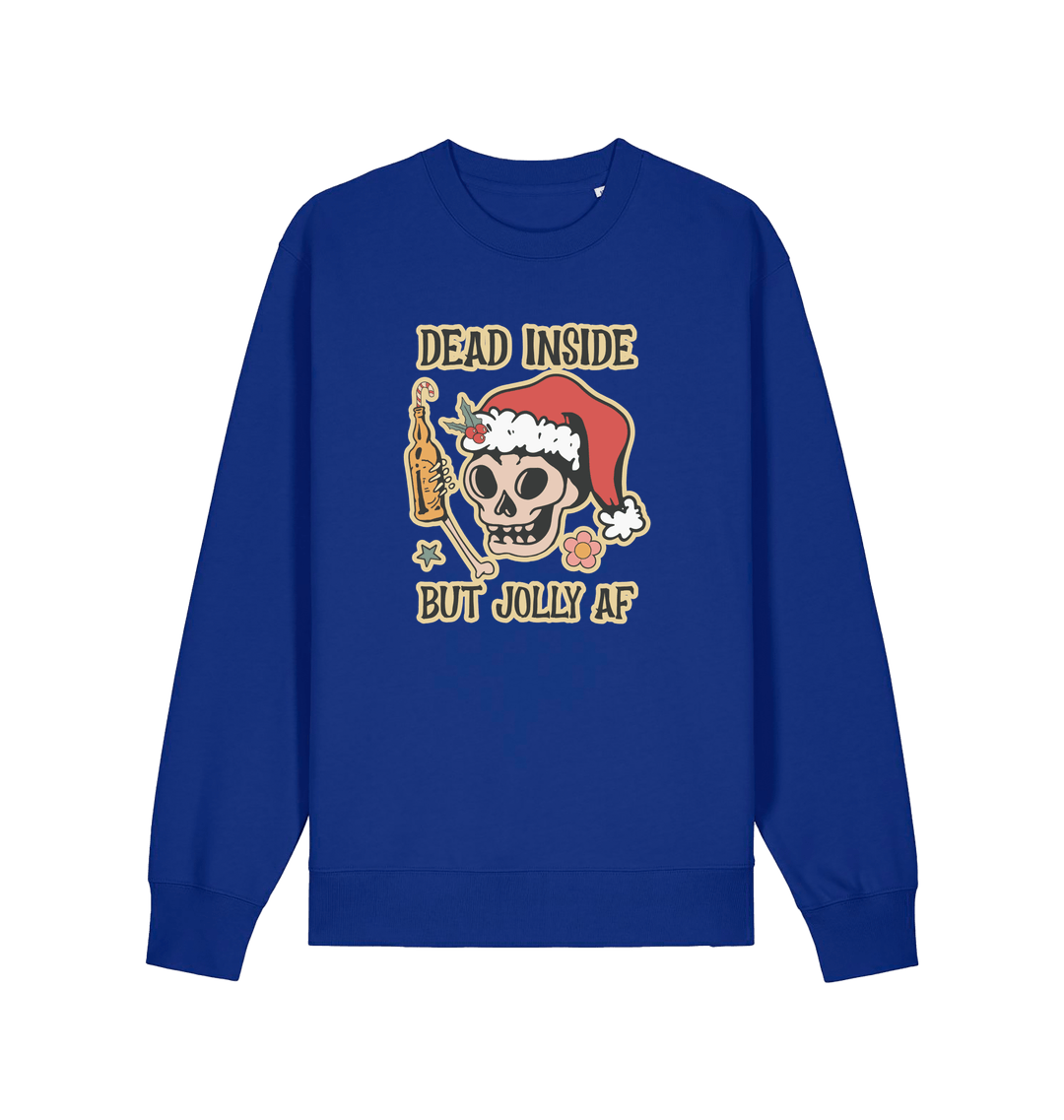 blue xmas sweater with the graphic of a skull with a bottle of beer and the slogan 'dead inside but jolly af'