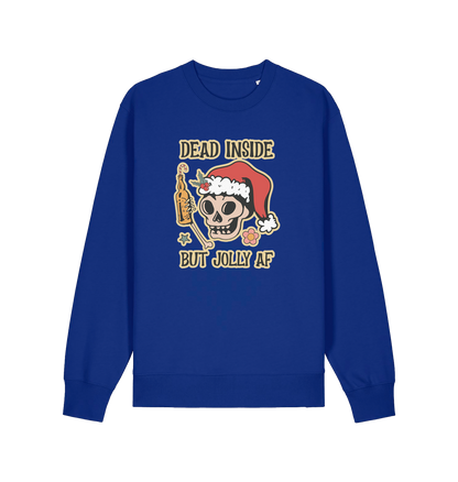 blue xmas sweater with the graphic of a skull with a bottle of beer and the slogan 'dead inside but jolly af'