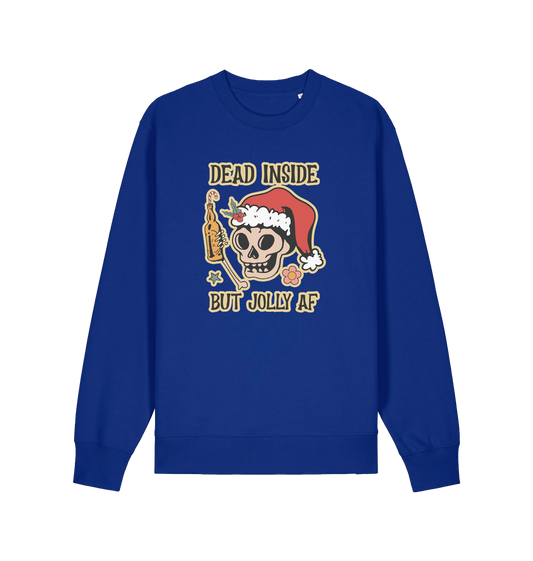 blue xmas sweater with the graphic of a skull with a bottle of beer and the slogan 'dead inside but jolly af'