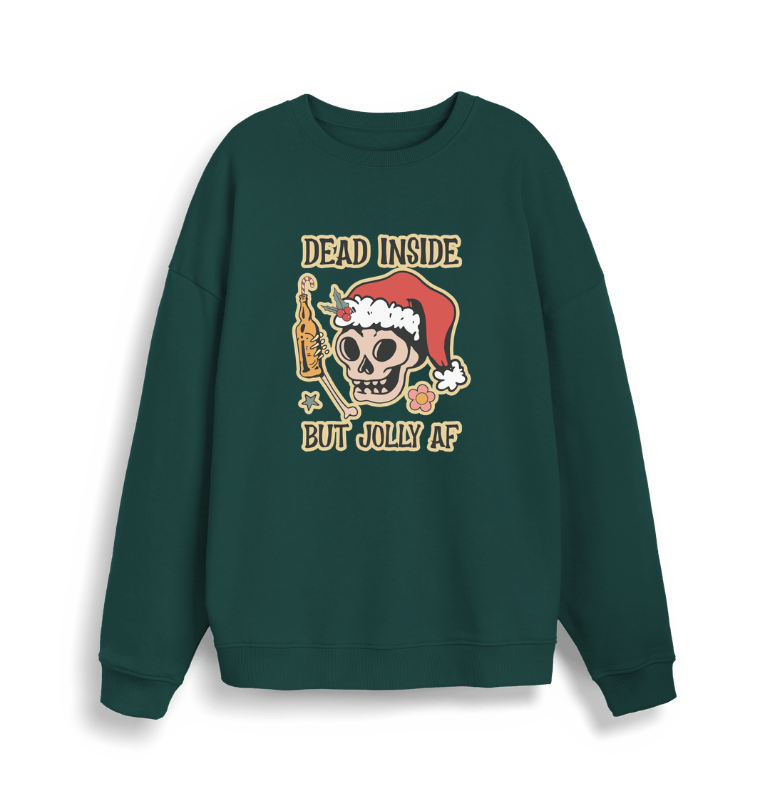 green xmas sweater with the graphic of a skull with a bottle of beer and the slogan 'dead inside but jolly af'