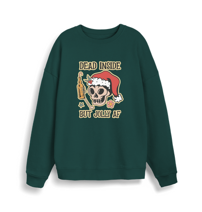 green xmas sweater with the graphic of a skull with a bottle of beer and the slogan 'dead inside but jolly af'