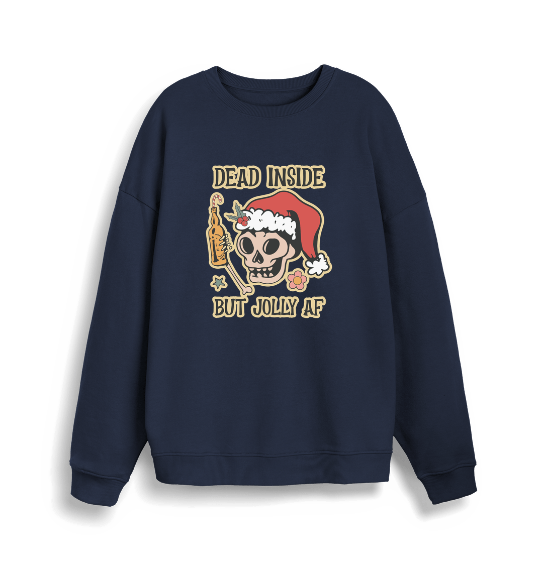 navy xmas sweater with the graphic of a skull with a bottle of beer and the slogan 'dead inside but jolly af'