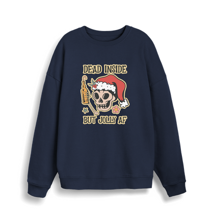 navy xmas sweater with the graphic of a skull with a bottle of beer and the slogan 'dead inside but jolly af'