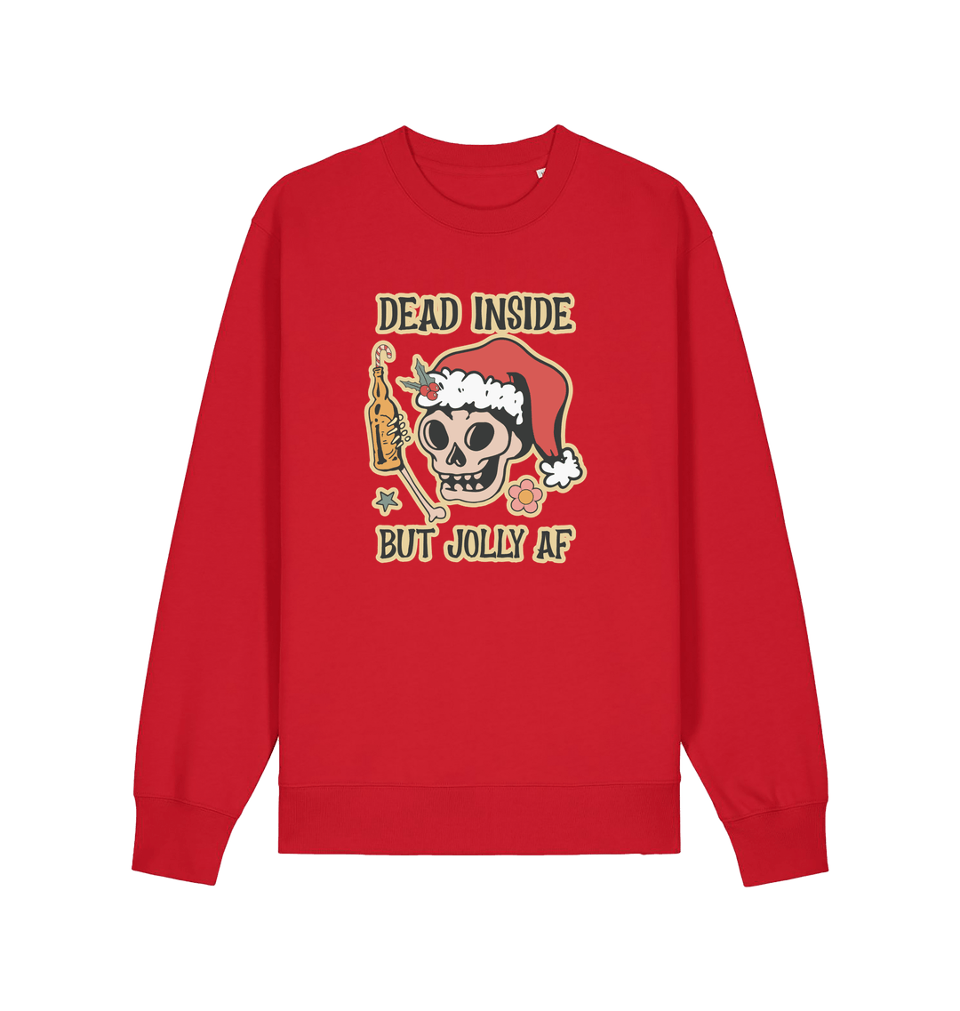 red xmas sweater with the graphic of a skull with a bottle of beer and the slogan 'dead inside but jolly af'