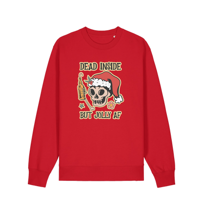 red xmas sweater with the graphic of a skull with a bottle of beer and the slogan 'dead inside but jolly af'
